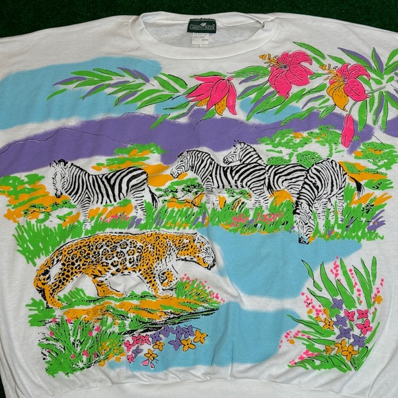 Vintage 90s African Safari Leopard Cabin Creek Large Short Sleeve Sweatshirt - Picture 2 of 9